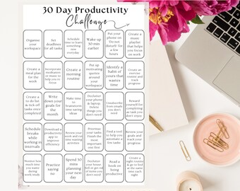 30 Day Productivity Planner, Work From Home Organiser, Task Manager, 30 Day Challenge, Digital Download, Instant Download, Printable Planner