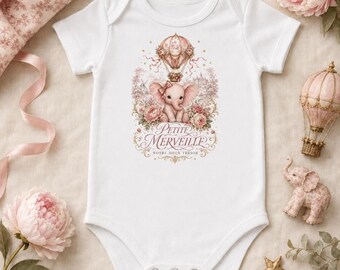 Vintage Pink Elephant Baby Bodysuit, Petite Merveille French Baby Girl Outfit, Baby Shower Gift