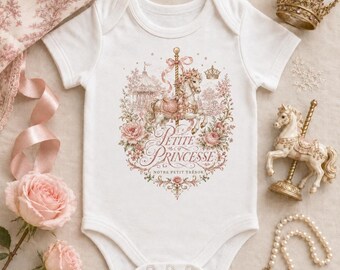 Vintage French Carousel Baby Bodysuit, Petite Princesse Baby Girl Outfit, Princess Baby Shower Gift