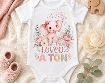 Pink Elephant Baby Bodysuit, Loved a Ton Baby Girl Outfit, Floral Baby Shower Gift