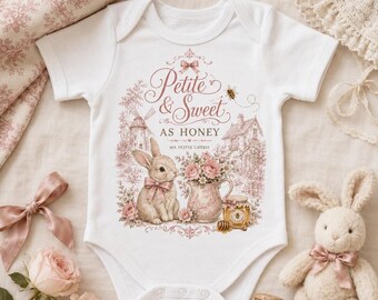 Vintage French Baby Girl Bodysuit, Sweet as Honey Bunny Outfit, Pink Toile Baby Shower Gift