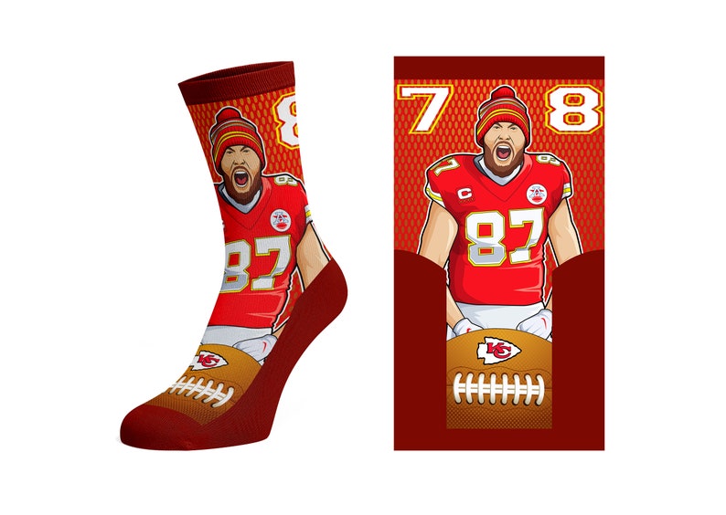 May include: Red and white socks with a football player wearing a red jersey with the number 87 on it. The socks have the numbers 7 and 8 on them.