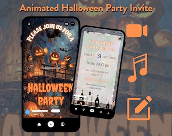 May include: Two smartphones display a Halloween party invitation. One shows a pumpkin-themed scene with the text "HALLOWEEN PARTY". The other displays event details: "We are DYING to party with you!" and the date, time, and location.
