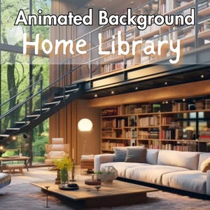 May include: An interior shot of a home library with the text "Animated Background Home Library". The room features a large window, a staircase, a sofa, and bookshelves filled with books. The overall aesthetic is modern and inviting.