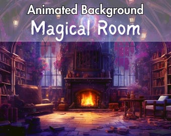 Puede incluir: Imagen de fondo animada de una habitación mágica con el texto "Animated Background Magical Room". La habitación presenta una chimenea con fuego brillante, estanterías y asientos acogedores. La paleta de colores incluye morados, rosas y naranjas cálidos.
