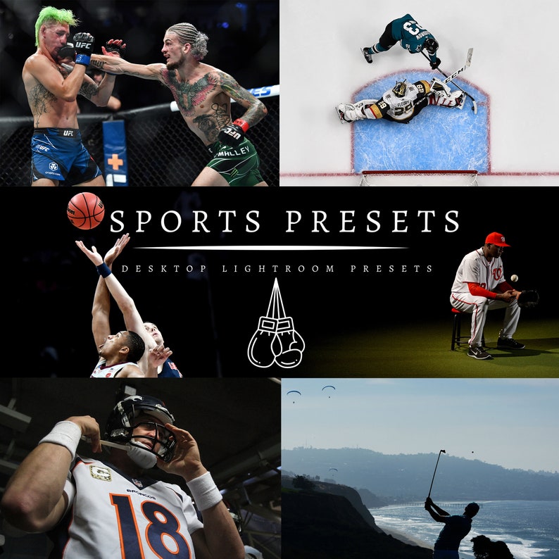 Może przedstawiać: Kolaż zdjęć przedstawiający r&oacute;żne dyscypliny sportowe, w tym boks, koszyk&oacute;wkę, baseball, hokej, golf i mieszane sztuki walki. W centrum kolażu widnieje tekst "SPORTS PRESETS DESKTOP LIGHTROOM PRESETS".