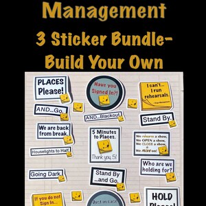 May include: A sticker bundle for stage management, featuring various phrases like "Places Please!" and "Going Dark." The stickers are on a light background with a grid pattern, and include yellow sticky notes. The text "Stage Management" is at the top.