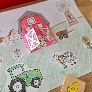 May include: A colorful farm scene with a red barn, a green tractor, a horse, a cow, a chicken, a tree with apples, a windmill, and a sunflower. The numbers 1, 2, 3, 4, 5, 8, and 10 are visible on the scene.