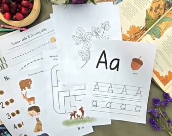 Op de afbeelding: Een set printbare educatieve werkbladen voor kinderen met verschillende activiteiten, waaronder knipvaardigheid, tekenen, tellen, het traceren van letters en een doolhof. De werkbladen hebben een bos-thema met illustraties van dieren zoals een beer, een hert, een egel en een konijn. De werkbladen zijn geprint op wit papier en klaar om te gebruiken.