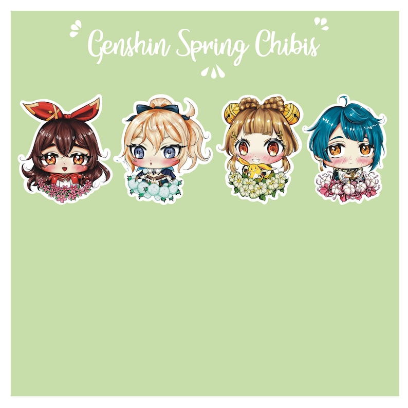 May include: Four colorful chibi character illustrations with floral accents. The characters are from the video game Genshin Impact. The text "Genshin Spring Chibis" is at the top of the image.