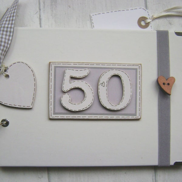 Personalised 50th birthday  handmade  a5or a4 size photo album scrapbook memory, guest book, multi use gift. with elastic book strap.