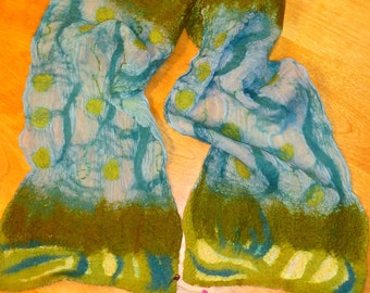 Nuno Felted Scarf, Merino Wool, Silk Chiffon, Vintage Lace, Shades of Green