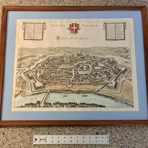 Carte de Vienne, Autriche, gravure coloriée à la main, vue historique, cadre en bois de rose