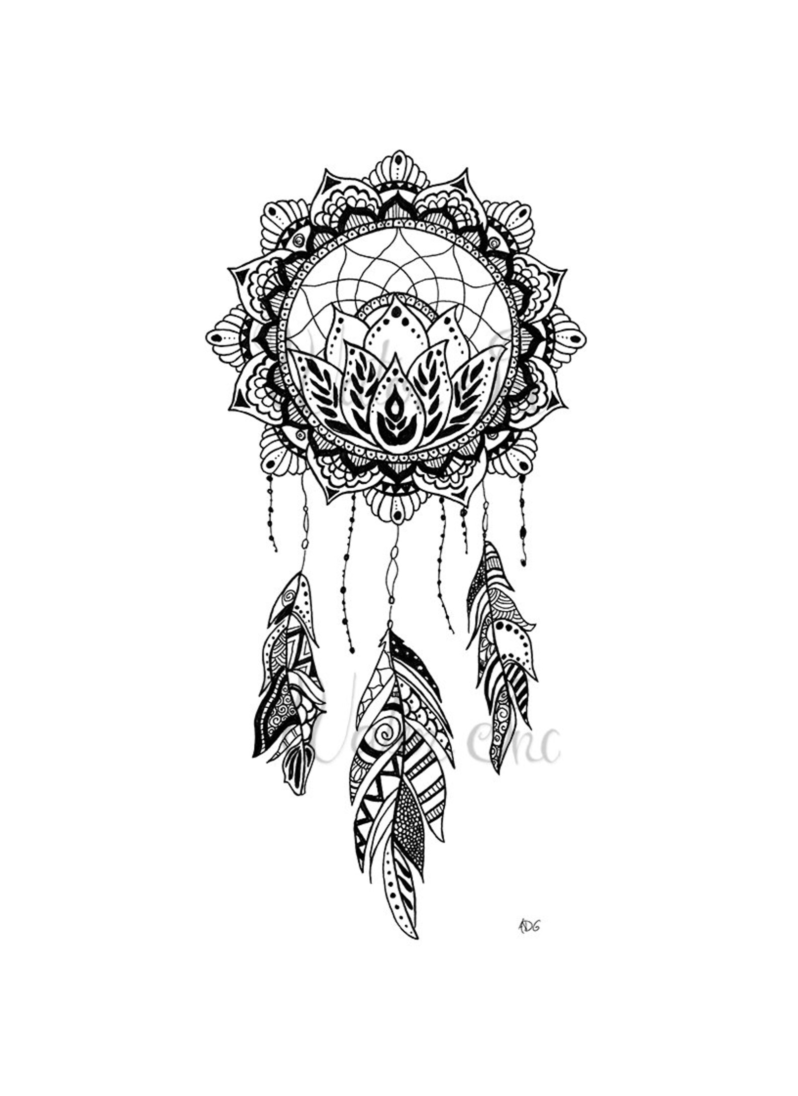 Feather & Floral Dream Catcher Pen and Ink Drawing Etsy