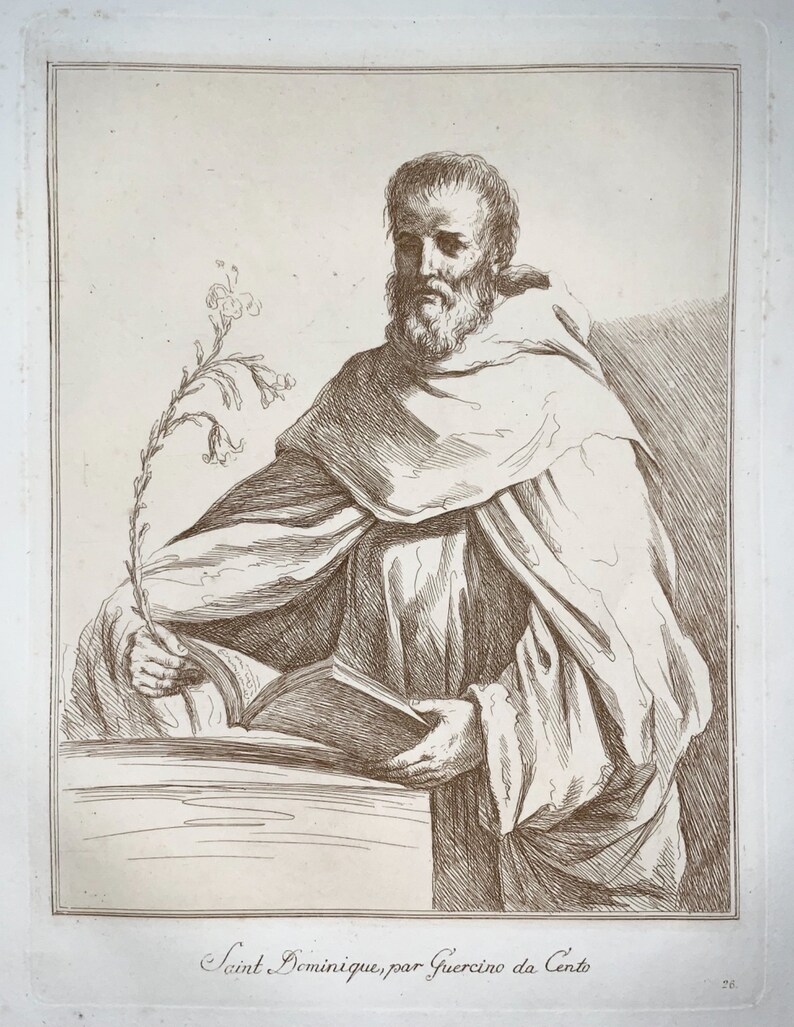 Folio 1791 ; duotone copper engraving Saint Dominic Religious Classical Art Guercino 1591-1666