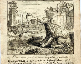 1689 Christoph Schmidts, emblem engraving, The Crane and the Wolf, Aesop