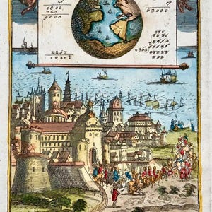 1719 Antiker Astronomie Druck von Mallet - Globe Terrestre, Kampfszene, Karte