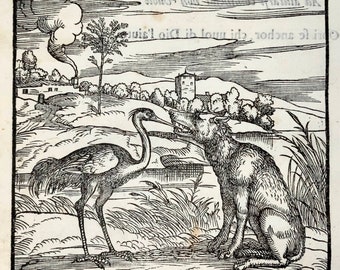 1570 El lobo y la garza, Verdizotti (b 1525), xilografía, fábula, arte