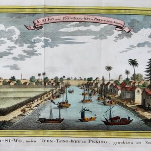 1749 Peking, China, Peking, J. van Schley, Handfarbe, antike Panoramagravur, Karte. Reisen.