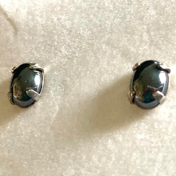 Hematite Cabochon Gemstones, 8x6mm, Handset in Sterling Silver Stud Earrings