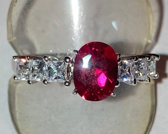 Lab-Created Ruby, 8x6mm, Handset in 10Kt Head with Princess CZs on Shoulders, Sterling Silver Ring, Size 9, Made in Alaska