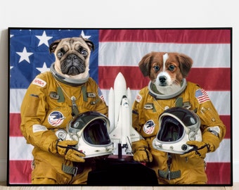 Two NASA Astronauts Portrait, Custom Pet Portrait, Dog Portrait, Cat Portrait, Personalised Digital Gift, Portrait from Photo, Two Pets