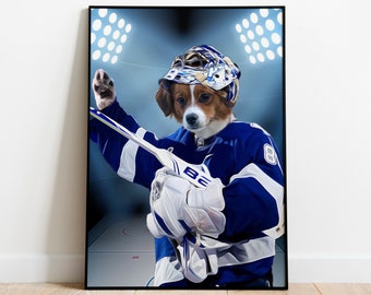 Portrait personnalisé de gardien de but de hockey sur glace, portrait de chien, portrait de chat, animal de compagnie de sport, portrait à partir d'une photo, art numérique, cadeau pour animal de compagnie, animal de compagnie