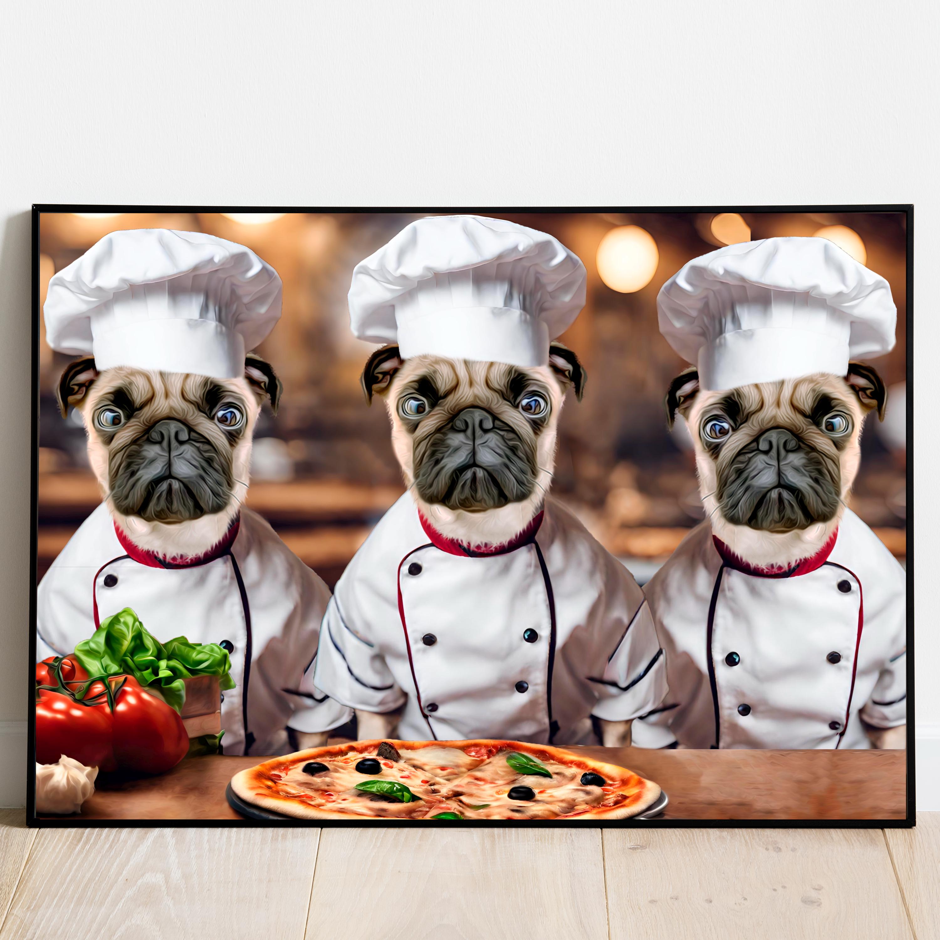 Three Chefs Portrait, 3 Pet Chefs, Cat Chef, Pet in the Kitchen, Three Dogs Portrait