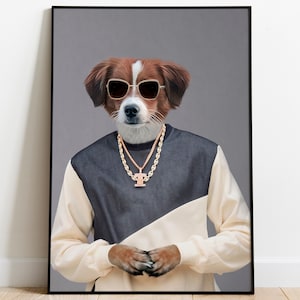 以下が含まれることがあります： サングラスと金のチェーンネックレスをつけた茶色と白の犬。犬は白と黒のセーターを着ています。