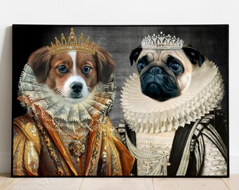 May include: A painting of two dogs dressed in royal attire. The dog on the left is a brown and white dog with a gold crown and a gold and brown dress. The dog on the right is a pug with a silver crown and a white and black dress.