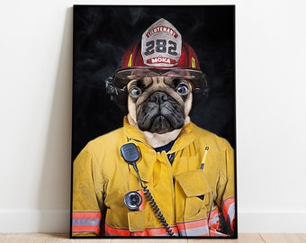 Custom Firefighter Pet Portrait, Dog Portrait, Cat Portrait, Firefighter Portrait, Digital Portrait, Pet Art, Pet Memorial, Dog Gift