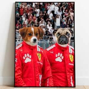 Two Pets Formula 1 Portrait, Custom F1 Pet Portrait, Personalised Racing Drivers, Racer Pets Portrait, Racing Lover Gift