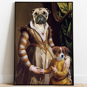Two Pets Custom portrait, Pet and Owner, Two dogs, two cats personalised royal portrait