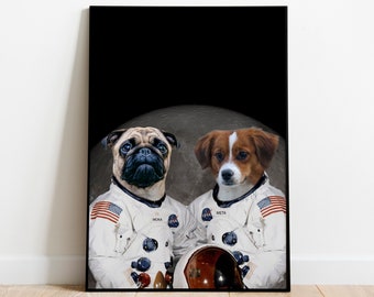 Two NASA Astronauts Portrait, Custom Pet Portrait, Dog Portrait, Cat Portrait, Personalised Digital Gift, Portrait from Photo, Two Pets