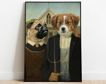 Custom American Gothic Pet Portrait, Custom Pet Portrait, Custom Pet Painting, Custom Dog Portrait, Custom Cat Portrait, Digital Poster Gift