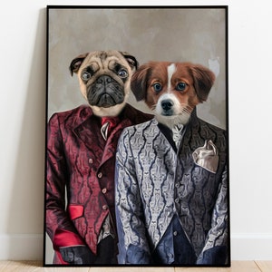 Two Pets Hipster Portrait, Hipster Dog, Pet and Owner Portrait, Funny Cat Lover Gift, Pet Portrait Royal, Dog Wall Art