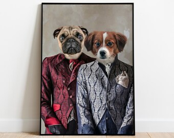 Two Pets Hipster Portrait, Hipster Dog, Pet and Owner Portrait, Funny Cat Lover Gift, Pet Portrait Royal, Dog Wall Art