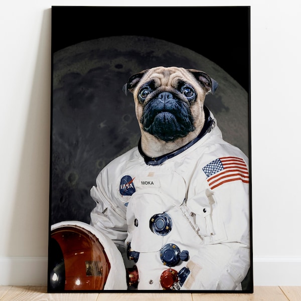 Portrait d'animal de compagnie personnalisé, astronaute de la NASA de chien de compagnie personnalisé, portrait de chien d'astronaute, animal de compagnie de l'espace