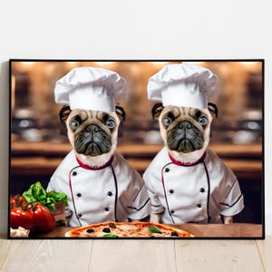 Two Chef Pets, Dog Chefs Portrait, Cat Chef, Pet in the Kitchen, Pet Lover Gift, Two Dogs