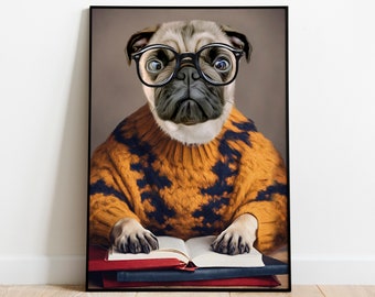 Dog Reading Books, Pet Portrait, Custom Cat Gift, Pet Lover Gift Ideas, Funny Customised Portrait