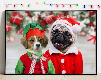 Christmas Pet Portrait, Two Pets Portrait, Santa Portrait, Christmas Pet, Portrait from Photo, Digital Portrait, Christmas Gift, Pet Art Elf