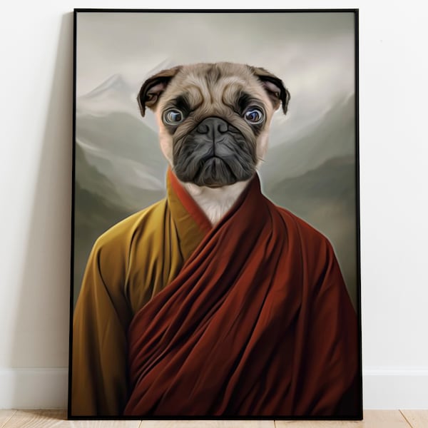 Custom Pet Monk Portrait, Buddhist Monk Dog, Cat Monk gift, Personalised Monk, Pet Lovers Gift