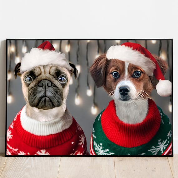 Christmas Pet Portrait, Two Pets Portrait, Santa Portrait