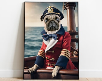 Captain Pet Portrait, Custom Dog Portrait, Sea Captain Pet, Ship Captain Cat, Sailor Pet Gift, Personalized Pet Gift