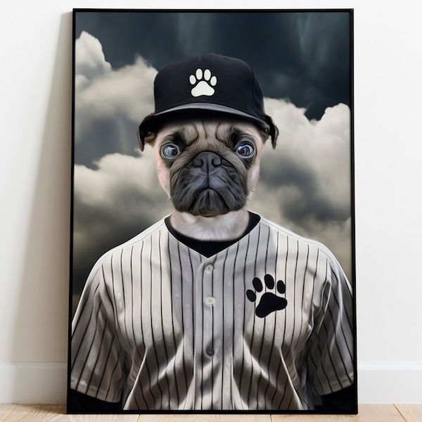 Portrait d’animal de compagnie de baseball, chien de sport, chat de joueur de baseball, portrait personnalisé, équipe de baseball, cadeau drôle d’amoureux des animaux de compagnie