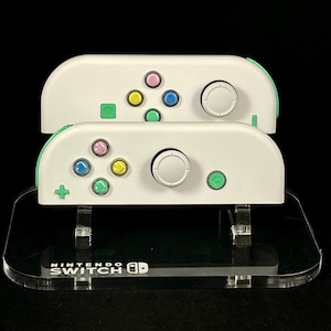 Custom White Joycons with Rainbow Heart & Mint Green Buttons
