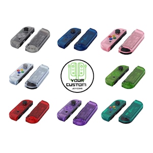 May include: Set of ten transparent Nintendo Switch Joy-Con shell replacements in various colors, including red, blue, green, purple, and pink.  Each set includes two shells, one for the left Joy-Con and one for the right Joy-Con.