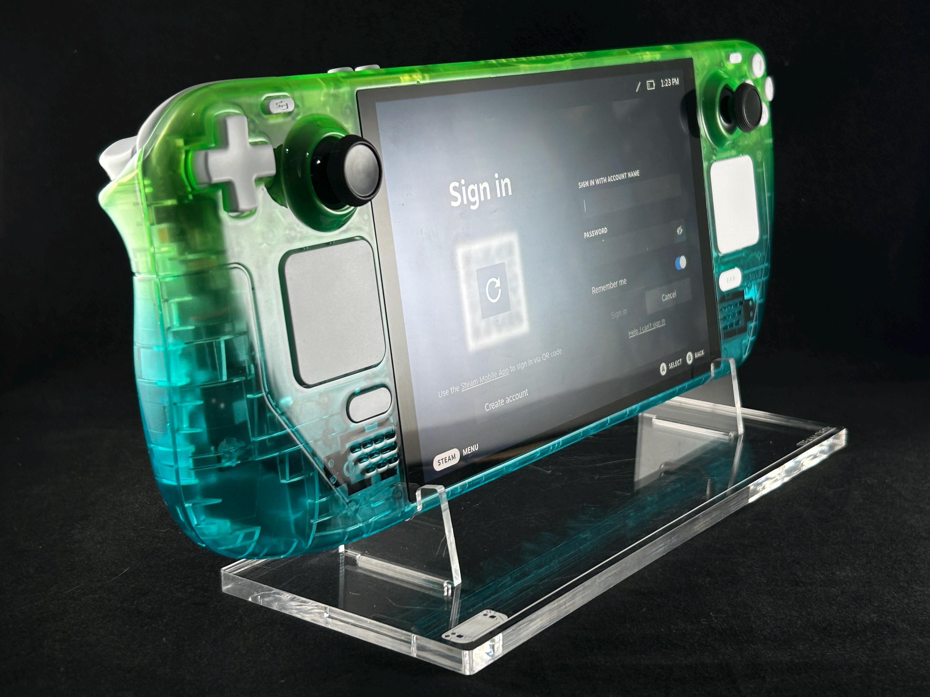 Transparent Blue/Green Custom Steam Deck with White Buttons