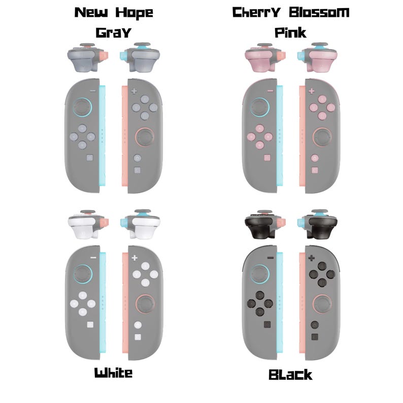 May include: Four sets of Nintendo Switch Joy-Con controllers in gray, pink, white, and black. Each set includes two controllers and two thumbstick caps. The text "New Hope Gray", "Cherry Blossom Pink", "White", and "Black" are displayed.