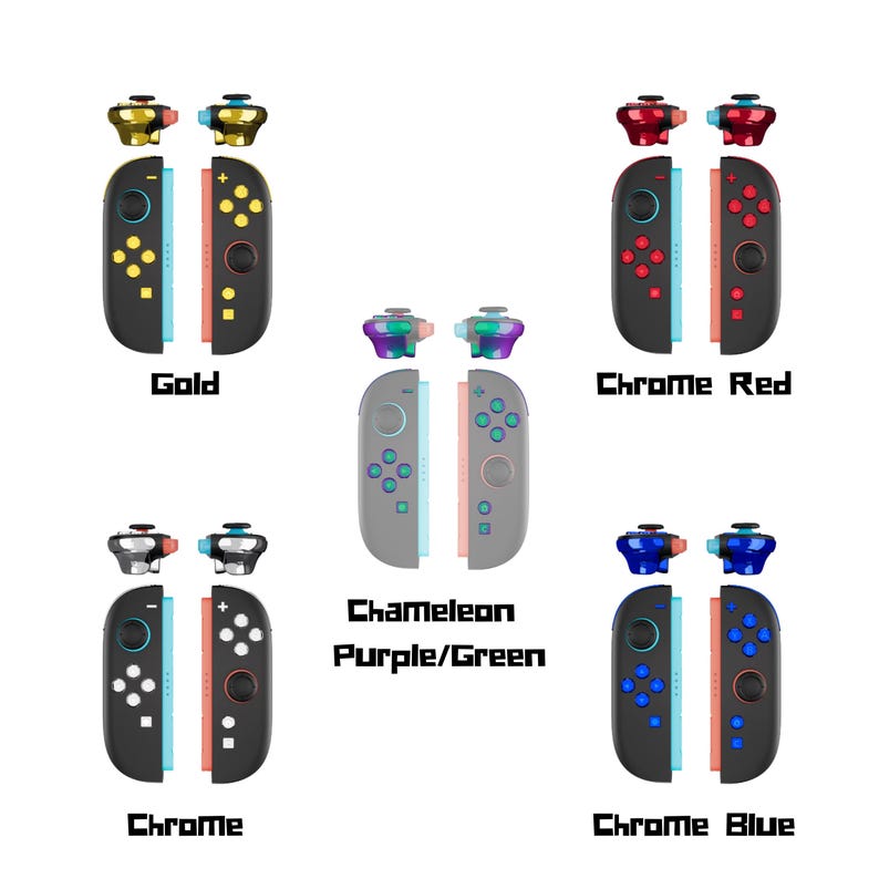 May include: A collection of game controllers in various colors, including gold, chrome red, chrome blue, and chrome. Each controller is split into two halves with colorful buttons and joysticks. The text "Gold", "Chrome Red", "Chrome Blue", "Chrome", and "Chameleon Purple/Green" is displayed.